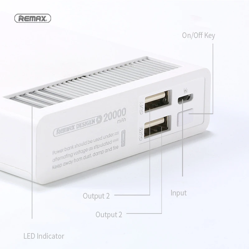 Внешний аккумулятор Remax с двумя USB портами и поддержкой быстрой зарядки 20000