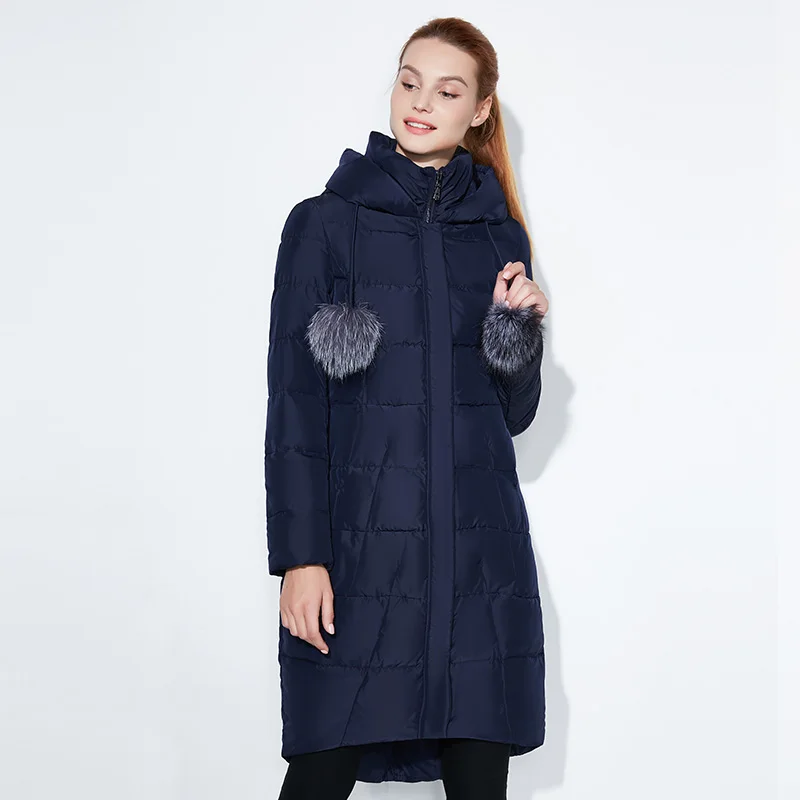 SnowClassic зима длинная куртка женщин теплый пальто мода Preppy Style outwear сплошной толстый куртка передний край лисица меховой воротник - Цвет: d blue