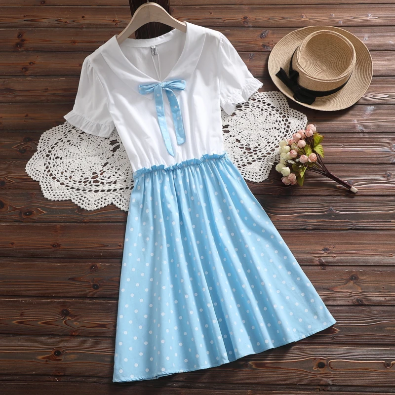 Blue Mori Girl Kawaii летнее платье элегантный дизайн Для женщин с короткими рукавами горошек Платья из хлопка Женская повседневная одежда - Цвет: Blue