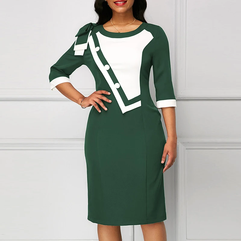 Женские контрастные цвета миди платье OL рабочая одежда Офис Вечерние платья