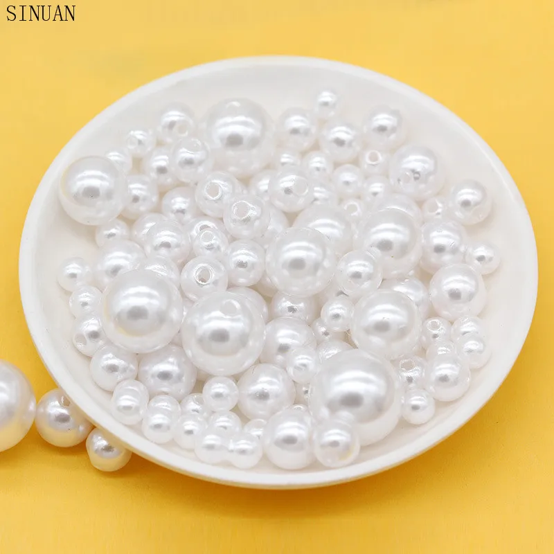 Пластиковые бусины с белым жемчугом круглые из АБС пластика 1 отверстие 3 мм 20 для