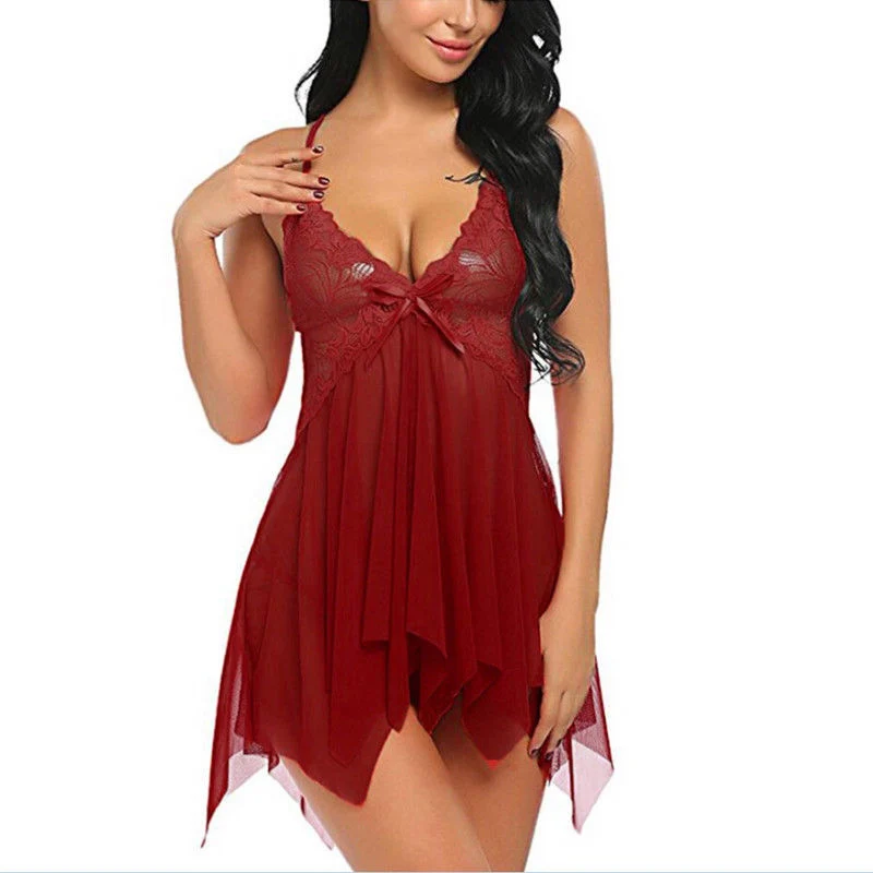 Wine Red Платье для сна, новинка, женское сексуальное белье, три цвета, новейший стиль, кружевное ночное белье, ночная рубашка размера плюс S-3XL - Цвет: Wine Red