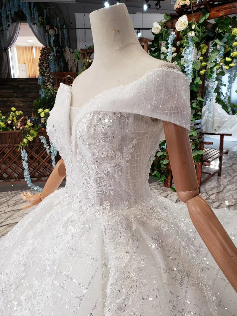 2019 Новое свадебное платье принцессы бальное с открытыми плечами белое кружева