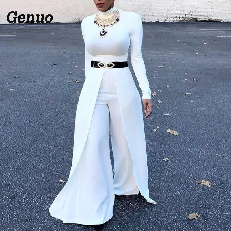 Модный женский комбинезон с широкими штанинами длинный рукав однотонный