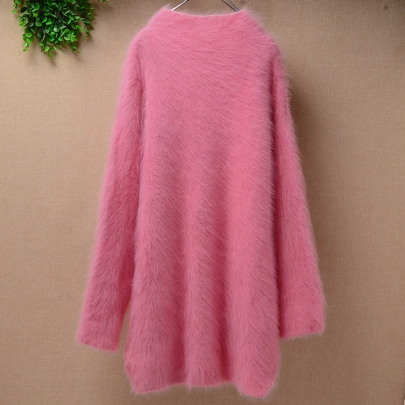 Casual fashion real mink cashmere warm long loose slit pullover sweater autumn winter angora rabbit knitted dress fuzzy fur | Женская
