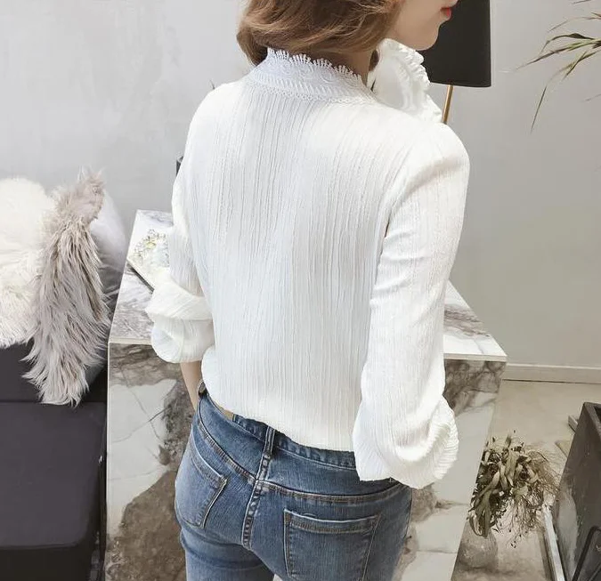 Dingaozlz blusas femininas elegante белая рубашка на осень с v-образным вырезом женские кружевные топы Лоскутная шифоновая блузка с бисером Повседневная рубашка
