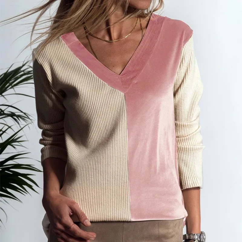 

V Neck Loose Women Pullovers Female Patchwork Loose Thin Sweaters Casual Winter Knitted Pull Female