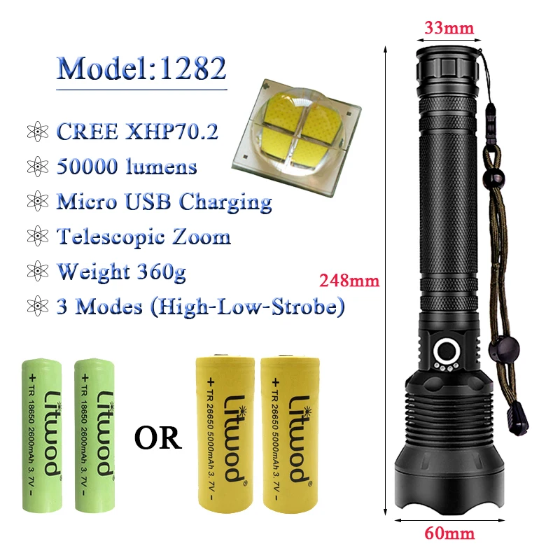 Litwod Z201282 50000 люмен лампа XHP70.2 мощный фонарик Micro USB Zoom СВЕТОДИОДНЫЙ Фонарь XM-L2 U3 18650 или 26650 батареи для кемпинга