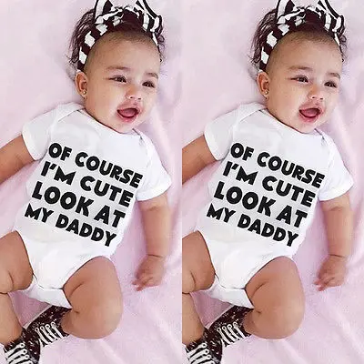 

DERMSPE New Casual Newborn Baby Boy Girl Short Sleeve Print Of Course I'm Cute Look At My Daddy Cotton Romper Baby Clothes White