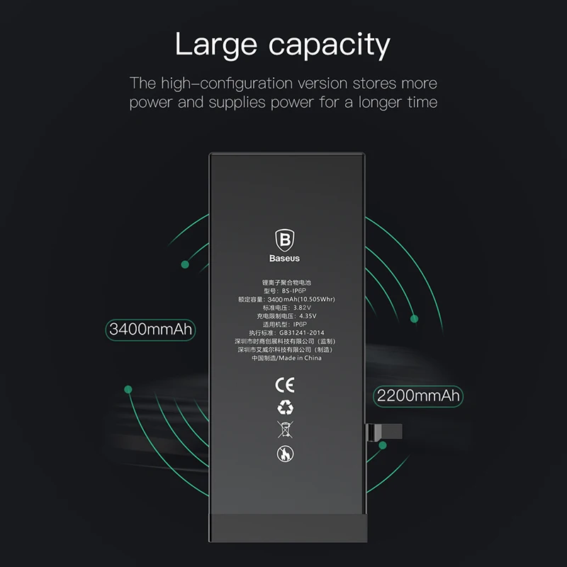 Аккумулятор Baseus высокой емкости 3400 мАч для телефона iPhone 6S Plus 3,82 V литий-ионный аккумулятор замена для iPhone 6S G Plus