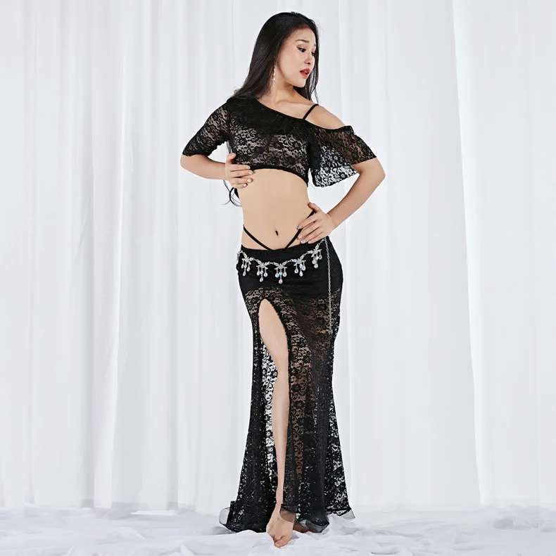 2 Pieces Women Belly Dance Costume Lace Top Long Skirt Sexy Outfits Dancewear Elastic Off shoulder Dancing Clothes Dancer Wear