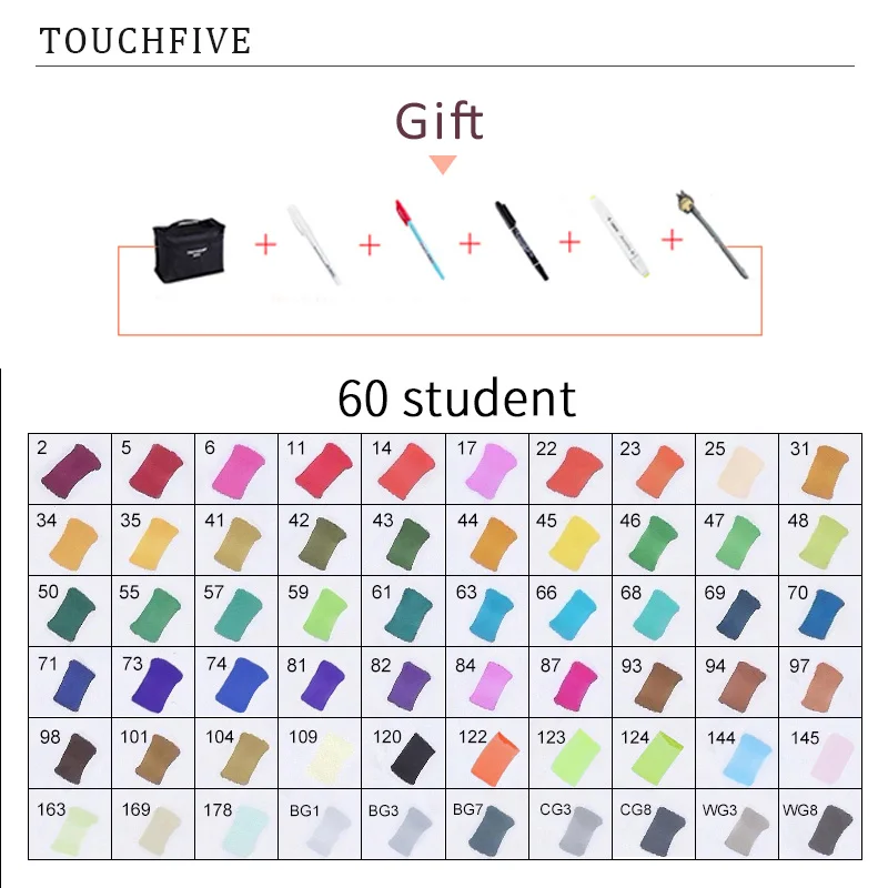 60 STUDENT TouchFIVE 20 Вт, 30 Вт/40/60/80 Цвет маркеры манга рисунок Маркеры Ручка на спиртовой основе эскиз жирной двойной кисть товары для рукоделия - Цвет: 60 STUDENT