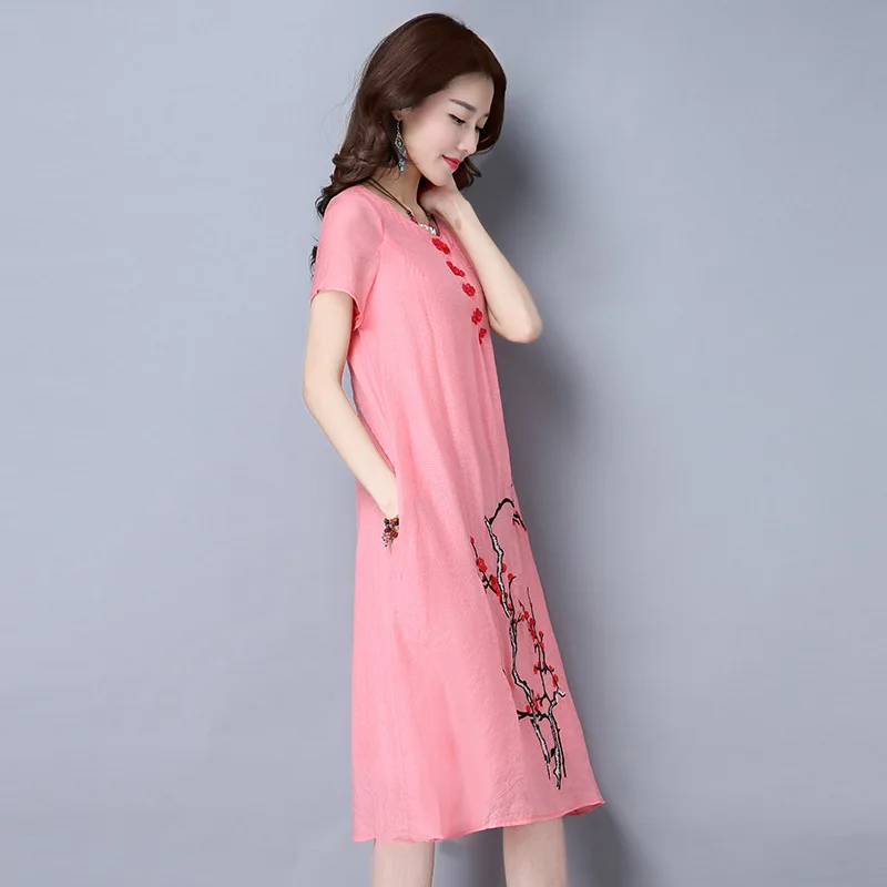 2017 New Style Summer Dress Women Chinese Retro Button Short Sleeve Fashion Girl National Wind Embroider Loose | Женская одежда