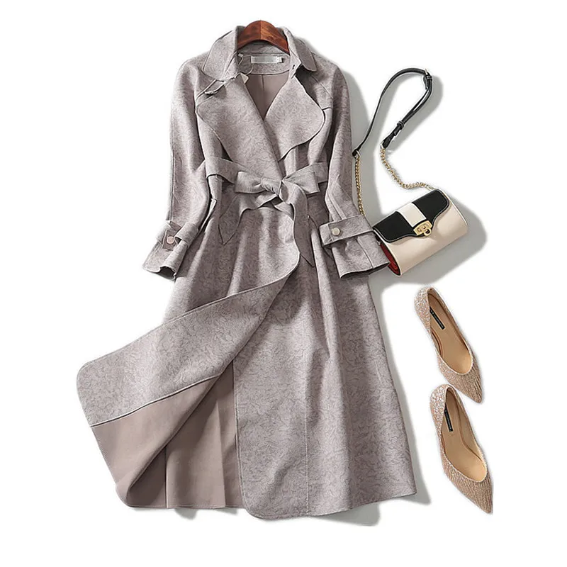 2019 High Quality Autumn New Long Suede Trench Coat Cardigan With Belt Windbreaker Overcoat Female Long-sleeved Outerwear M146 | Женская