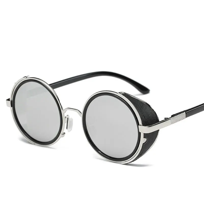 C08SilverSilver Трендовые стимпанк Солнцезащитные очки Мужские Круглые Солнцезащитные очки Мужские боковые козырьки круглые линзы унисекс Ретро стиль очки панка PL1144 - Цвет линз: C08SilverSilver