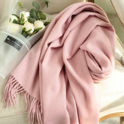 Light Pink Теплый зимний шарф из чистой шерсти, Женский однотонный плотный шарф из кашемира пашмины, Женская шаль макси, длинный шарф, палантины - Цвет: Light Pink