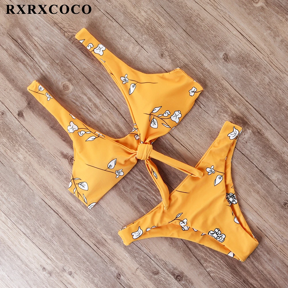 RXRXCOCO Бандажное бикини, купальник с принтом, женский купальник, Одноцветный, с вырезами, купальный костюм, низкая талия, бикини с подкладкой, пуш-ап, Badpa
