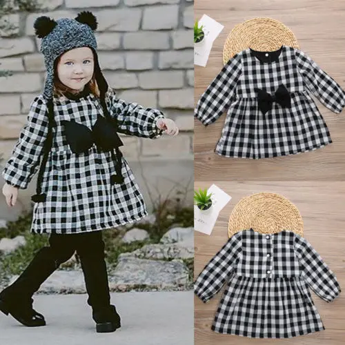 Pudcoco 2018 Toddler Kid Baby Girl Dress Princess Plaid Button Fly Long Sleeve Party Bow Dresses Cotton Coat Autumn Outfit 1-6T | Детская