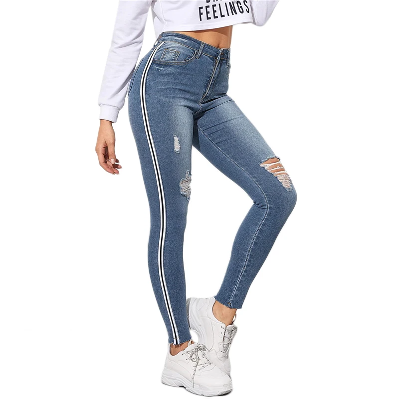 Dotfashion/женские обтягивающие джинсы в синюю полоску с боковыми рваными краями, летние повседневные узкие брюки, модные джинсовые брюки с пуговицами