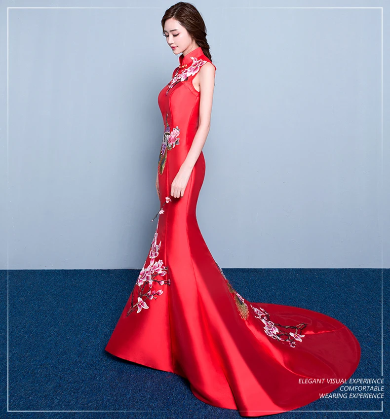 Красные свадебные кружевные традиционные платья для женщин cheongsam китайский стиль длинный Ципао вечернее высокое качество атлас