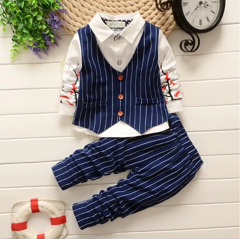 Spring Autumn New Boys Kids Clothes British Gentleman Style 3PCS Striped Vest + Printed Shirt Pants Boy Suits Formal | Детская одежда и