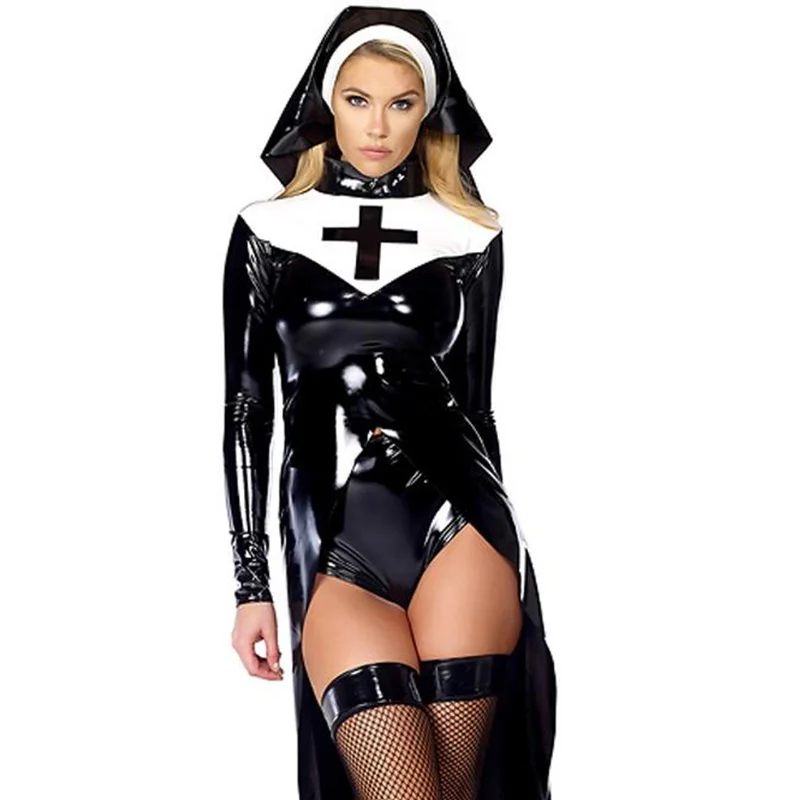 Сексуальный костюм монашки для Хэллоуина, косплей размера плюс M, L, XL, XXL, модная черная виниловая кожаная форма, карнавальные эротические костюмы