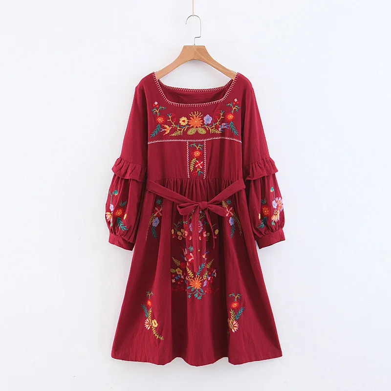 TEELYNN long dress vintage floral Embroidery cotton lantern sleeve boho dresses Square collar women vestido | Женская одежда