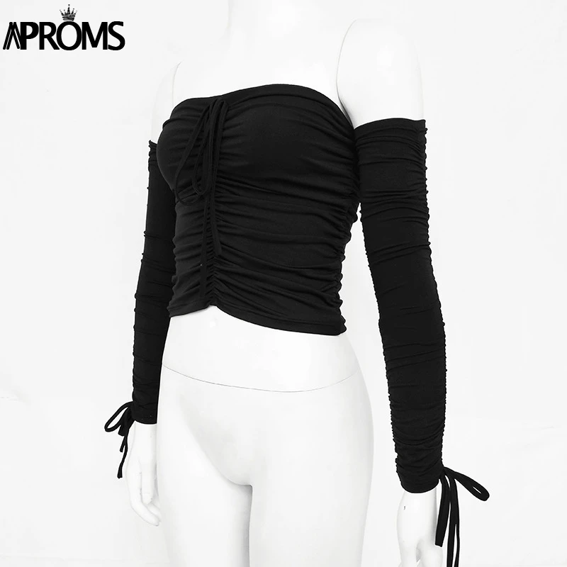 Aproms крутые топы с открытыми плечами, Повседневная плиссированная белая футболка с рюшами, женская укороченная футболка с коротким рукавом, женская одежда