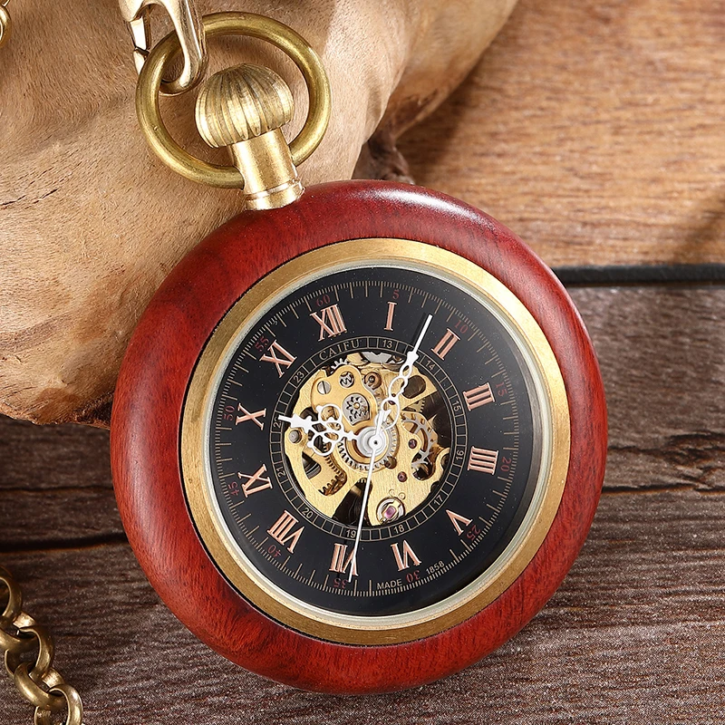 

Fashion Creativity Wooden Steampunk Mechanical Pocket Watch Men Women Elegant Carving Dial Hollow Skeleton Roman Numerals Watch