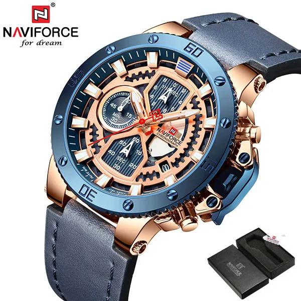 BlueBox NAVIFORCE новые роскошные часы с хронографом, военные кварцевые часы для мужчин, кожаные водонепроницаемые наручные часы, мужские часы - Цвет: BlueBox