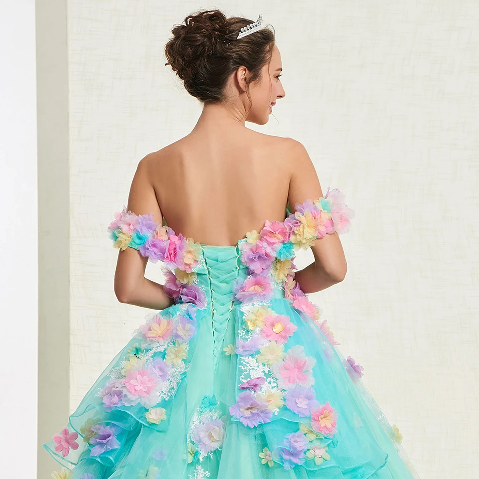 Платье голубого зеленое с аппликацией открытыми плечами Quinceanera платье принцессы