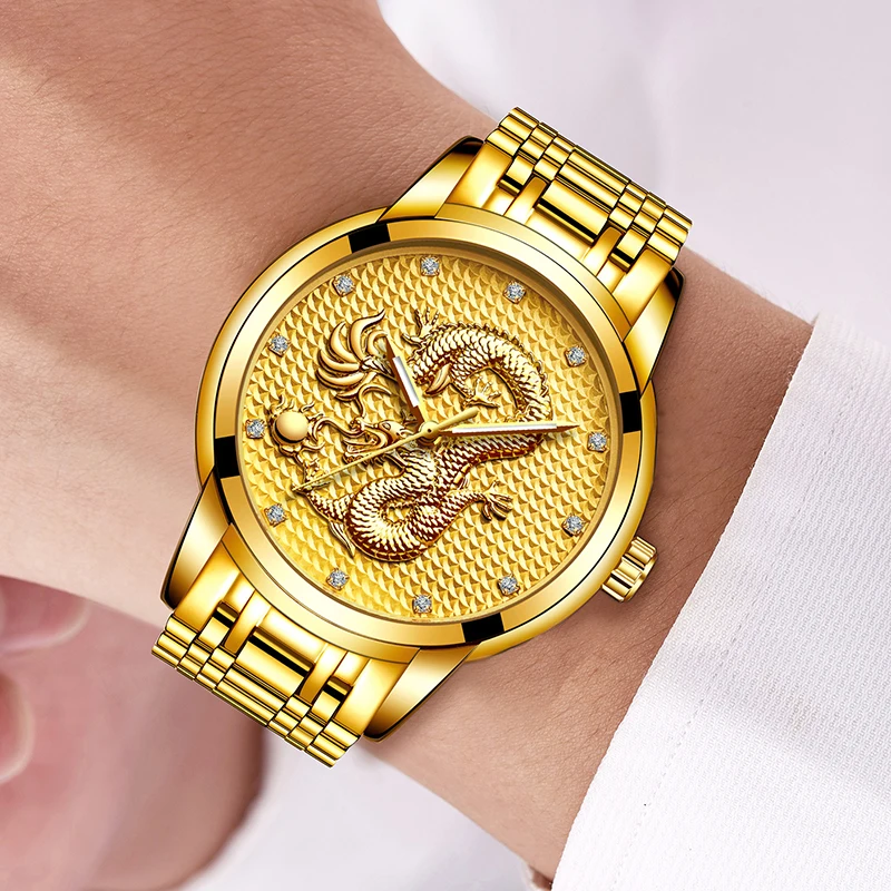 LIGE мужские часы лучший бренд Роскошные Кварцевые повседневные Золотые драконы