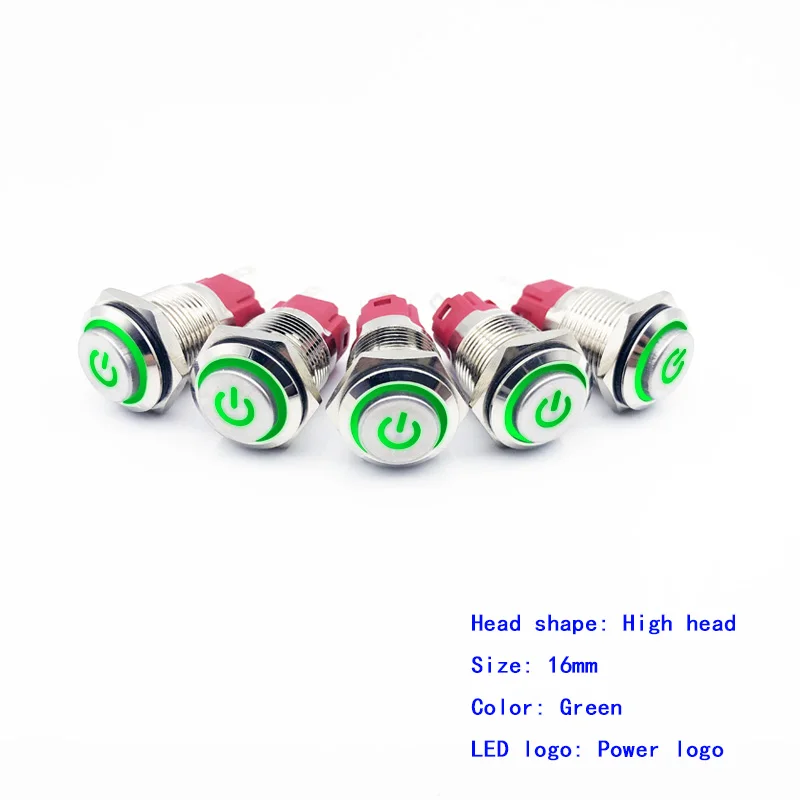 5pcs-Power-Green 5 шт./лот 16 мм металлический кнопочный переключатель кольцо с высокой головкой/логотип питания 3-220 В самовостальная вающаяся моментальная Перезагрузка/Блокировка Водонепроницаемый Авто Eng - Цвет: 5pcs-Power-Green