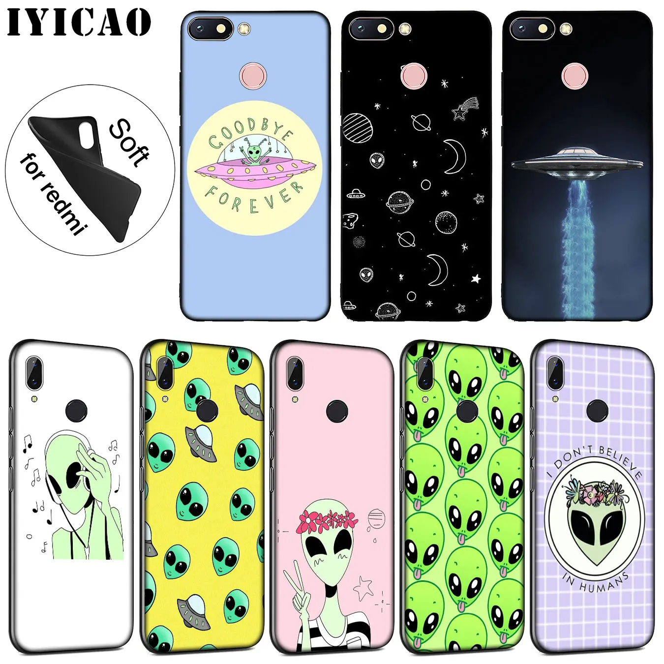 IYICAO Cute Alien UFO Kawaii Soft Silicone Phone Case for Xiaomi Redmi K30 K20 8A 7A 6A 5A S2 GO Note 8 8T 7 5 6 Pro Cover |