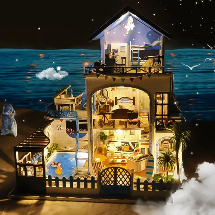 Красивое синее море вилла сад diy Кукольный дом игрушки для детей кукольный домик миниатюры домашняя игрушка деревянный дом детский подарок