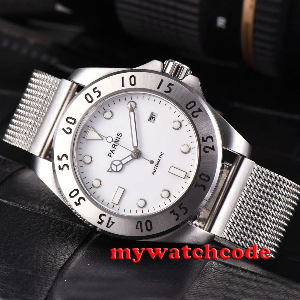 

43mm parnis white dial luminous marks sapphire glass steel bezel miyota automatic mens watch602