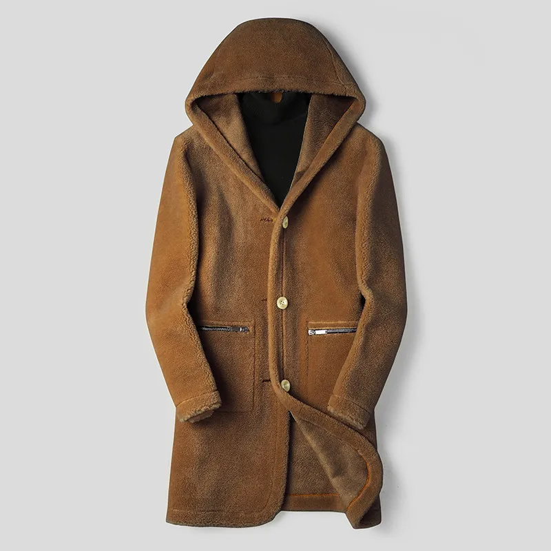 brown Пальто из натуральной шерсти, мужская зимняя куртка, длинные пальто из натуральной овечьей шерсти, Двусторонняя одежда, замшевая кожаная куртка, Veste L18-7201, MY1632 - Цвет: brown