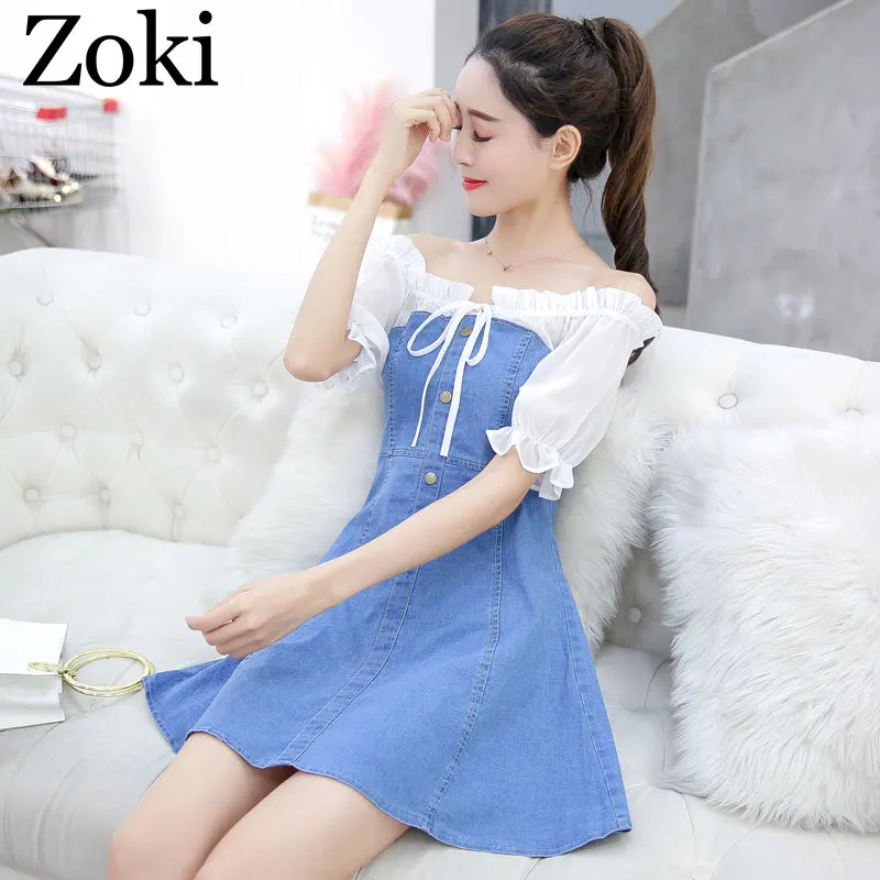 Женское платье с высокой талией Zoki Летнее мини из джинсовой ткани открытыми