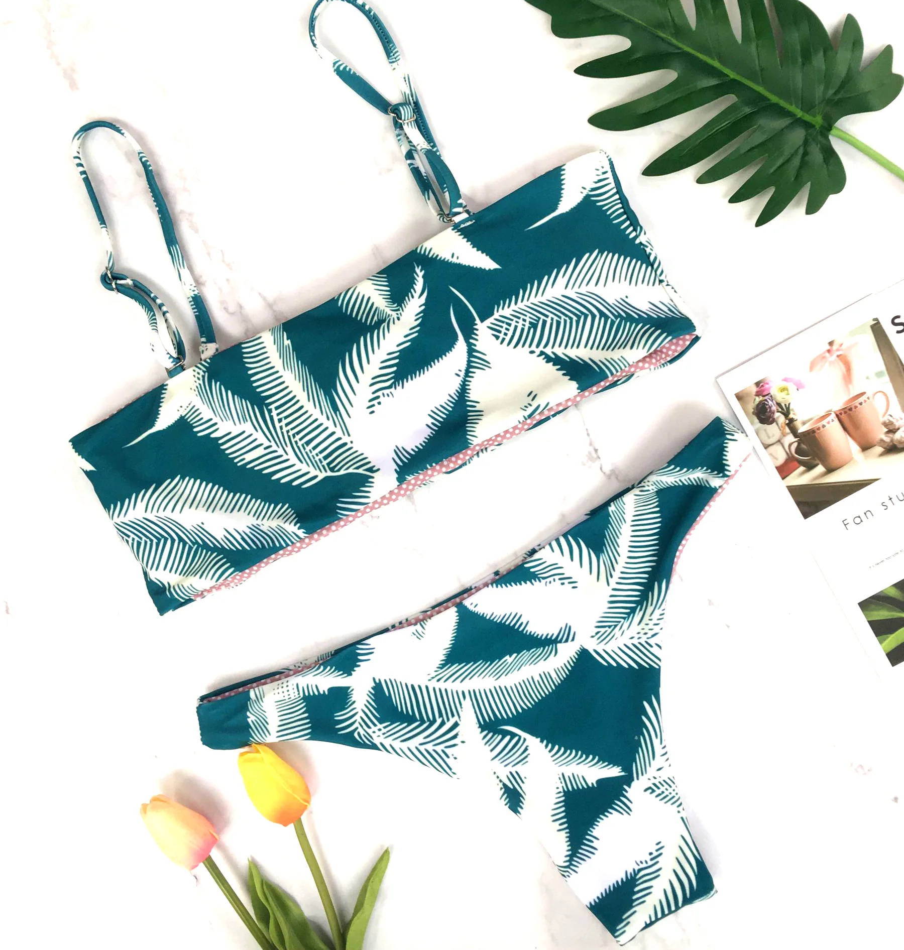 

Print Feather Halter Bikini Set Two-piece Swimming Suits For Women Bathers Bathing Suits Green Swimwear Female Beach 2021
