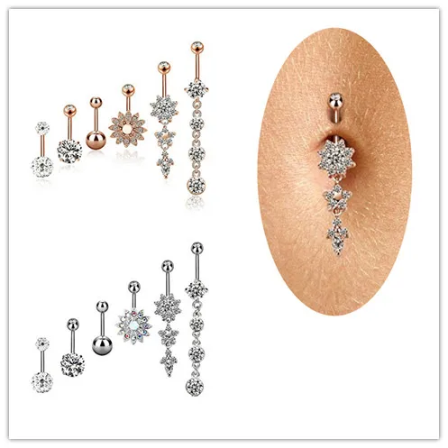 Новый 6 шт./компл. болтаются круглый кристалл пупка кольцо из нержавеющей стали
