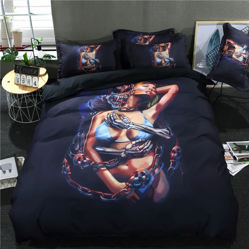 

Duvet cover set European and American creative personality cartoon skull knights skeleton beauty 3pcs Quilt cover pillowcase