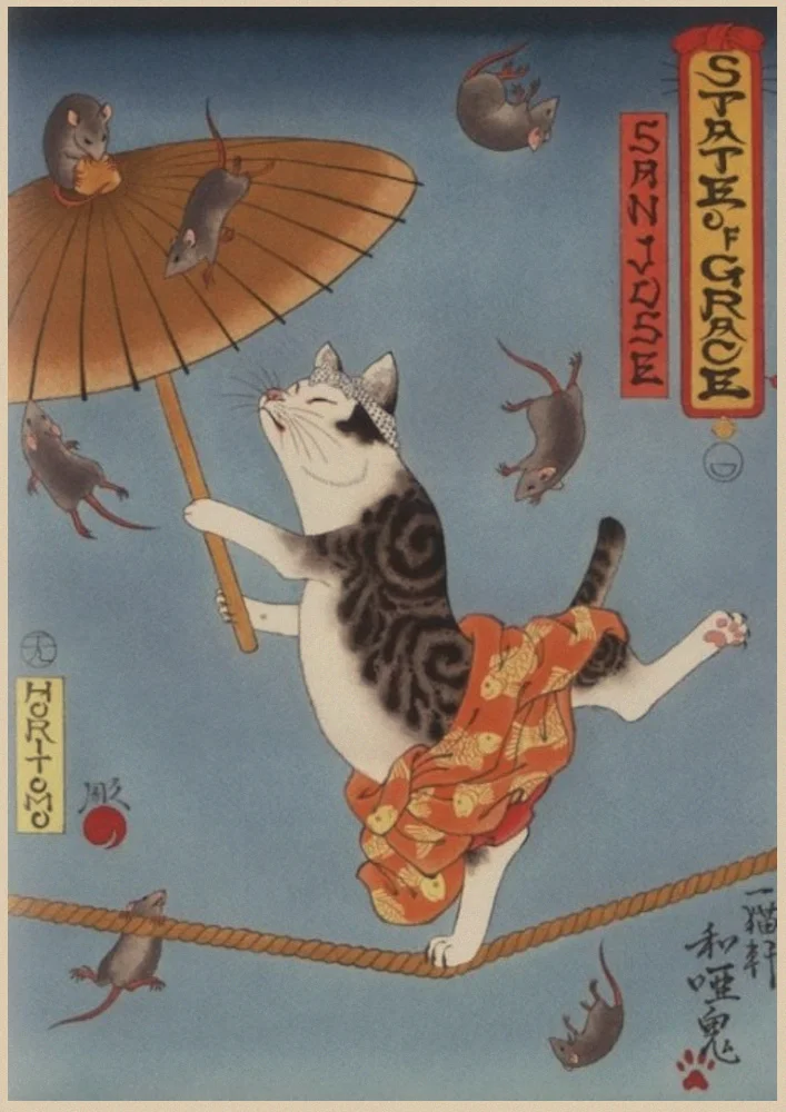 Vintage Paper Retro anime poster - Japanese samurai cat tattoo -Posters Kraft cudi | Wall Stickers