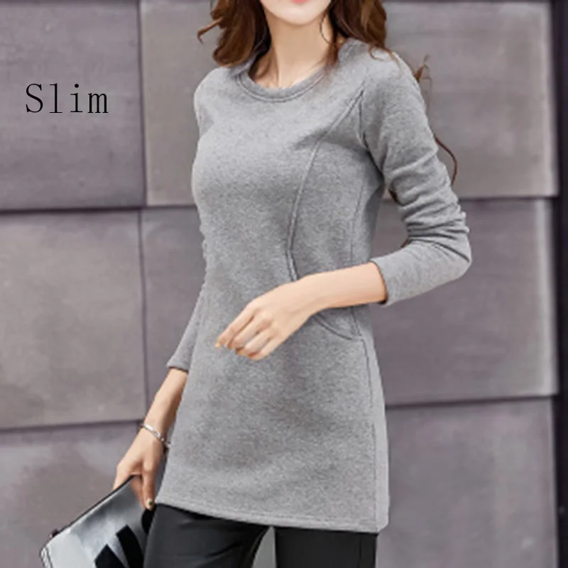 Thin Light Grey Женские блузки с длинным рукавом, новинка, зимняя Модная рубашка с круглым вырезом, весенние плотные теплые длинные блузы с карманами, облегающие топы размера плюс - Цвет: Thin Light Grey