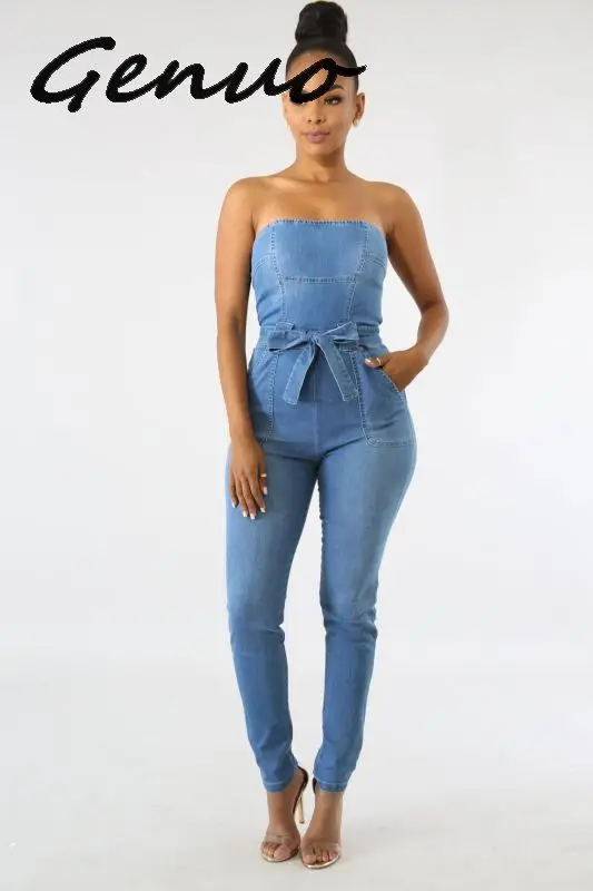 Женский джинсовый комбинезон Genuo Длинный Облегающий из денима на молнии