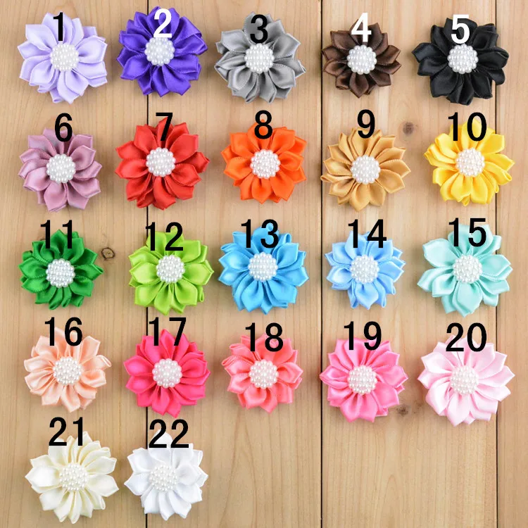 MengNa 120pc/22 colors Satin Flower With Pearl Center Mini Flowers Rosettes Headband Ribbon Multilayer 1.5&quot | Аксессуары для