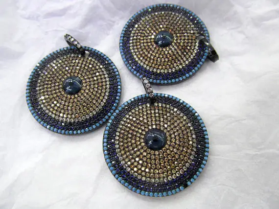 

Rose gold Eyes Micro Crystal Pave Diamond Pendant Jewelry Focal Triangle Round Disc Evil Pave Gunmetal Connetor beads 22-28mm 2p