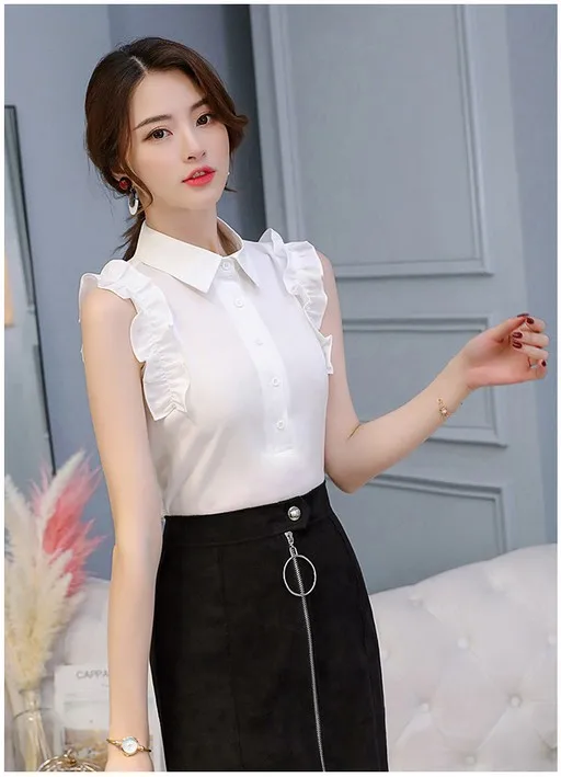 

NANABUBU Summer Top Elegant Work Women Blouses Sleeveless Red White Turn Down Collar Ruffles Shirts Tops Workwear Solid Blouse