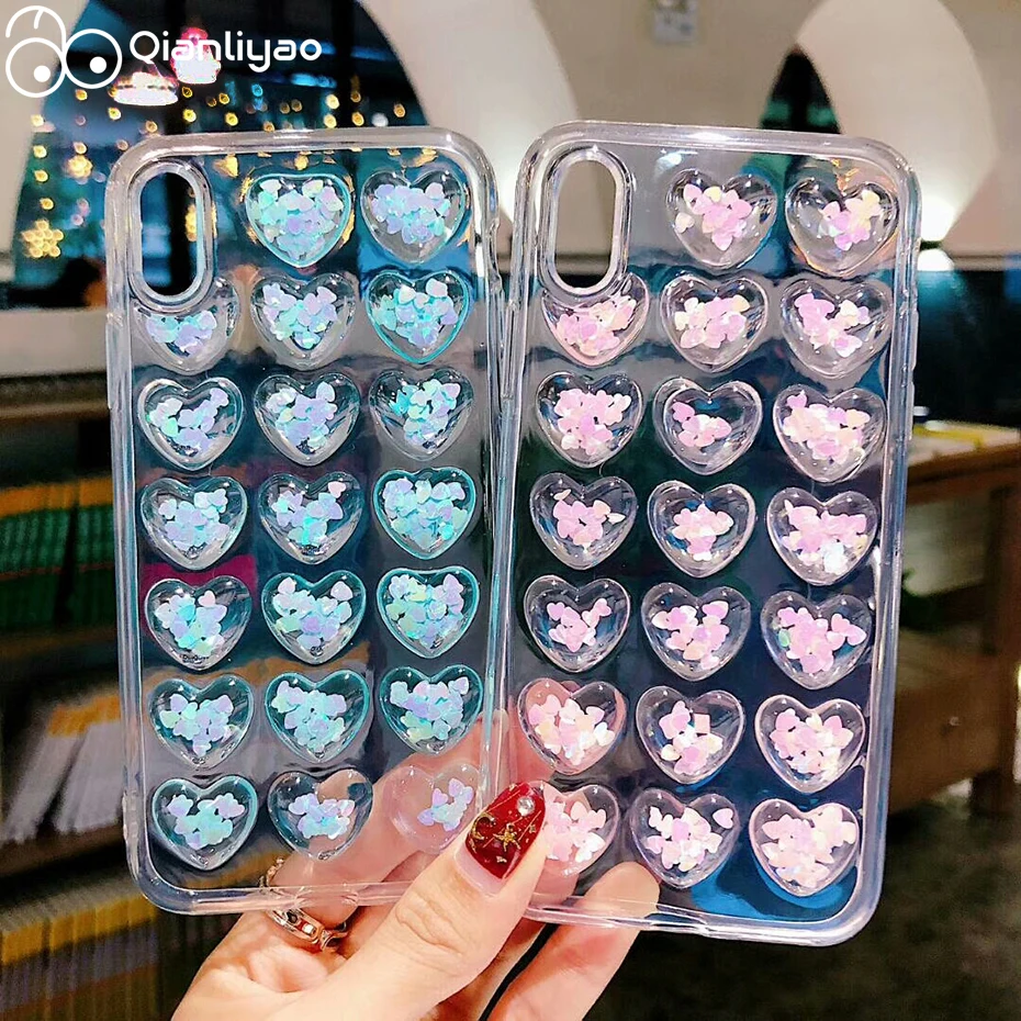 Qianliyao 3D Блестящий чехол с сердечками для iPhone 11 Pro Max X XS XR XS Max силиконовый чехол ТПУ чехол для iPhone 6 6S 7 8 Plus X чехол s
