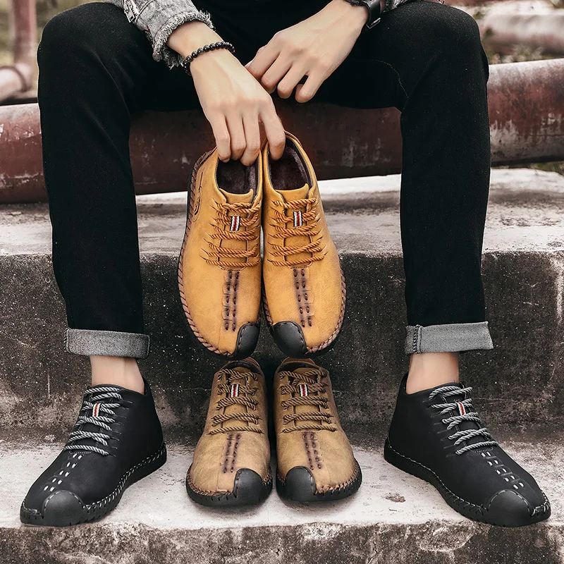 Новые Теплые зимние мужские ботинки повседневные высокого качества из спилка с