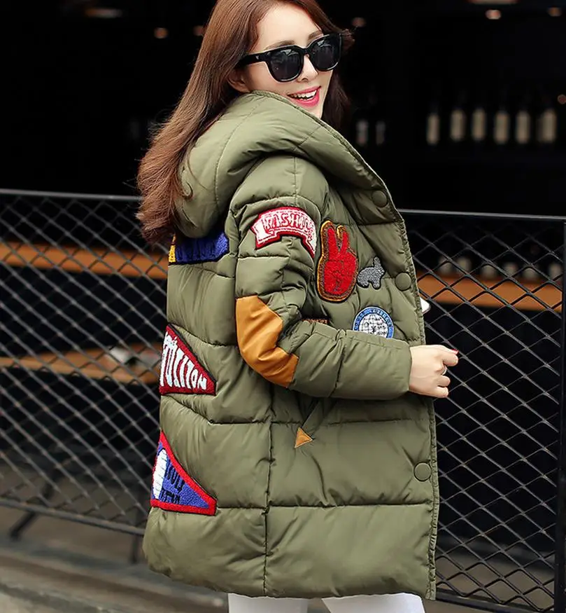 

Embroidery Winter Jacket Women Mid-Long Warm Hooded Pocket Cotton Padded Parkas Girls Cold Outwear Thicken Jackets M-2XL G66